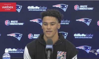 New England Patriots cornerback Christian Gonzalez meets with the media
